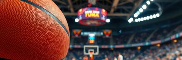 Exciting basketball game in a packed arena during a tense moment in the championship match photo