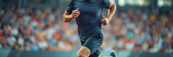 Competitive athlete sprinting on track during a major sports event in a vibrant stadium filled with cheering fans photo