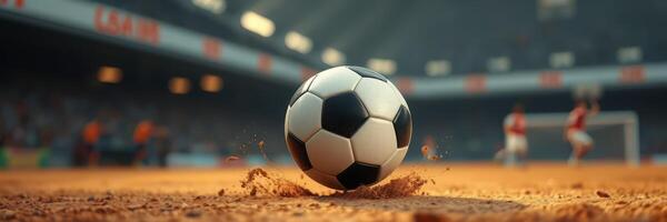 Soccer ball rolling on the field during a match at a large stadium with players in the background photo