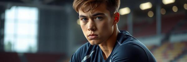 Young athlete concentrates before an important competition in a sports facility during the day photo