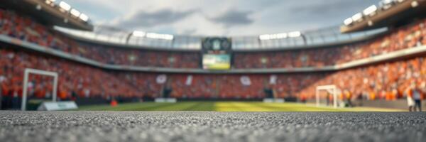 Crowd gathers at a vibrant stadium for an intense soccer match under a dramatic sky photo