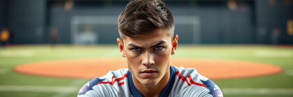 Intense young athlete focused on the game during training on a baseball field in the evening light photo