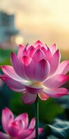 Beautiful pink lotus flower blooming at sunset in a serene garden setting photo