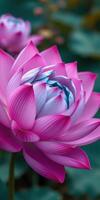 Vibrant pink lotus flower blooms in a tranquil pond under natural light photo