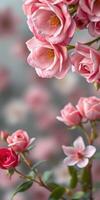 Beautiful arrangement of pink roses and blossoms in soft focus giving a serene and vibrant atmosphere photo