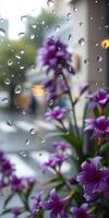 Vibrant purple flowers gently swaying under droplets of rain with a blurred urban background photo