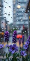 Raindrops on vibrant flowers create a serene atmosphere in an urban setting during a rainy day photo