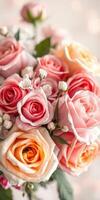 Elegant floral arrangement featuring pink and peach roses with delicate white accents in a soft background setting photo