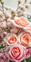 Beautiful arrangement of pink roses with delicate buds displayed in a bright setting showcasing floral elegance photo