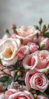 Pink roses in full bloom showcase delicate petals and vibrant greenery during a serene afternoon setting photo