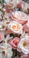 Pink roses and white flowers arranged beautifully, creating a soft and romantic floral composition for decoration photo