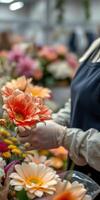 Florist arranging vibrant flowers in a bustling marketplace during the afternoon photo