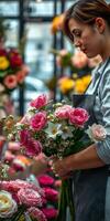 Florist arranging vibrant bouquets in a bustling flower shop during a sunny afternoon photo