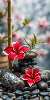 Harmony of vibrant flowers and smooth stones in a serene garden setting photo