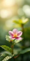 Pink flower blooms softly in a green garden during golden hour lighting photo