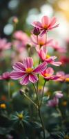 Colorful pink flowers blooming in a lush garden during golden hour in springtime photo