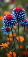 Bright blue and purple flowers bloom in a lush garden during the afternoon sun, attracting attention with their vibrant colors photo