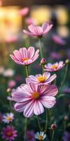 Colorful cosmos flowers bloom in the garden during golden hour with soft sunlight illuminating their delicate petals photo