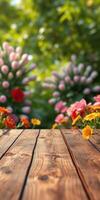 Beautiful garden with vibrant flowers and a wooden surface in a sunny atmosphere photo