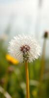 Delicate dandelion puff in a vibrant meadow under soft sunlight during spring season photo