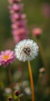 Bright dandelion surrounded by colorful wildflowers in a lush green meadow during a sunny spring afternoon photo