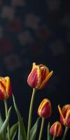 Colorful tulips in close-up with vibrant red and yellow petals against a dark background showcasing natural beauty photo