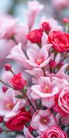 Beautiful arrangement of pink and red flowers with soft petals in a natural setting photo