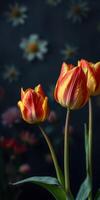 Bright tulips with vivid colors bloom against a dark floral backdrop in a tranquil setting photo