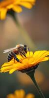 Honeybee pollinates vibrant yellow flower during a sunny spring afternoon in a garden photo