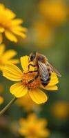 Bee gathering nectar from a vibrant yellow flower in a sunny meadow during springtime photo