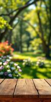 Beautiful garden with blooming flowers and sunlight filtering through trees in a vibrant natural setting photo