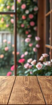 Enjoying a sunny day with blooming roses and a rustic wooden table in a cozy garden setting photo