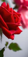 Bright red rose blooming in soft light with blurred background highlights natural beauty photo