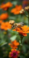 Honey bee collecting nectar from vibrant orange flowers in a sunny garden setting photo