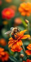 Close-up of a bee collecting nectar from vibrant orange flowers in a lush garden photo