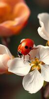 Ladybug explores delicate white flower petals while enjoying springtime sun in a lush garden photo