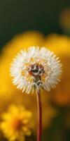 Close-up of a dandelion puff surrounded by yellow flowers in a sunny meadow during springtime photo