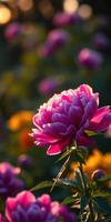 Vibrant blooming peony surrounded by colorful flowers in a sunlit garden during late afternoon photo