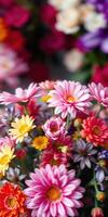Colorful bouquet of fresh flowers arranged in a vibrant display at a market in springtime photo