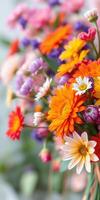 Vibrant bouquet of diverse flowers in a soft-focus background showcasing bright colors and natural beauty photo