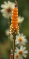 Unique orange flower with spiral shape and soft petals in a vibrant garden setting photo