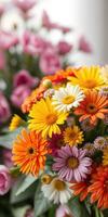 Colorful bouquet of flowers featuring daisies and roses arranged beautifully indoors photo