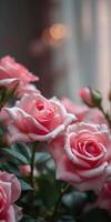 Beautiful pink roses blooming indoors in soft natural light with a blurred background photo