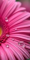 Close-up view of a vibrant pink flower with water droplets capturing morning light in a natural setting photo