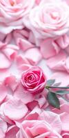 Close-up of a pink rose surrounded by delicate rose petals on a light background photo