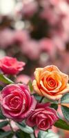 Brightly colored roses bloom in a garden during spring, showcasing vibrant hues of pink and orange amid lush green leaves photo