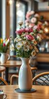 Decorative vase with fresh flowers in a cozy cafe setting during the afternoon photo