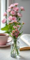 Charming pink flowers in glass vase with tea cup and open book on table in bright, cozy space photo