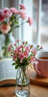 Beautiful pink flowers in a vase with a cup of tea on a wooden table by the window in a cozy setting photo