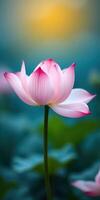Beautiful pink lotus flower in a serene pond during early morning light photo
